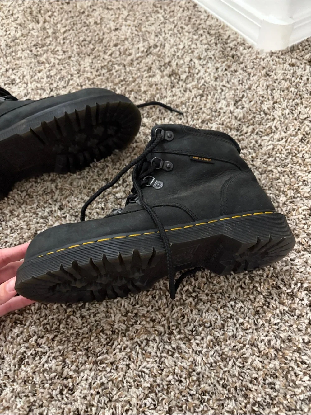 Dr. Martens Black Leather Work Boots with Yellow Stitching